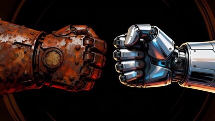 Robot Fist Bump: Rusty Vintage Meets Sleek Chrome Against Fiery Orange Backdrop