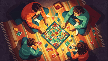 Vector illustration of a family enjoying a board game during a cozy winter Christmas evening at home