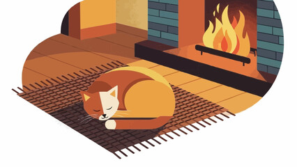Cozy Christmas Vector Cat Nap by the Fireplace in Winter