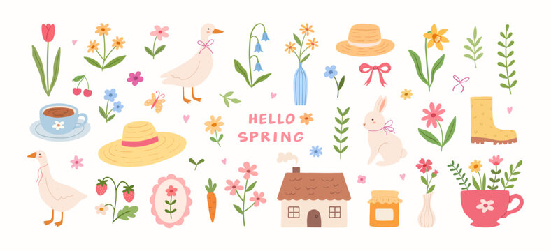 Set of cottagecore hand drawn spring and summer elements