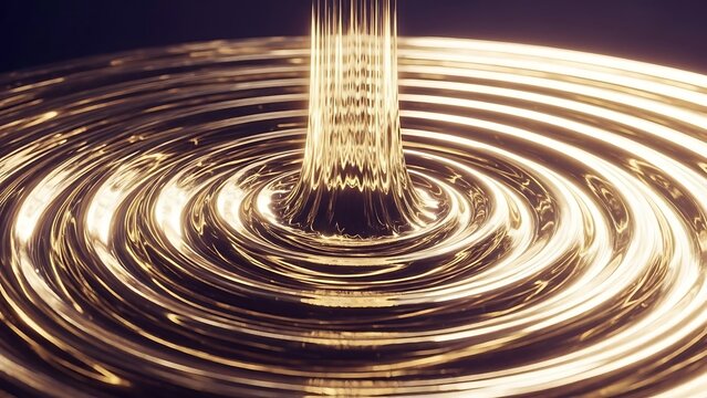 Golden liquid pouring and creating concentric ripples on a dark reflective surface
