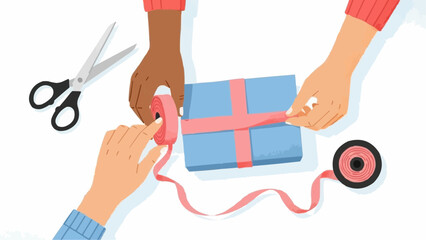 Winter Holidays Vector Illustration of People Wrapping Christmas Gifts
