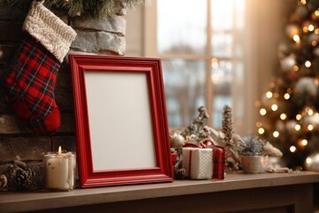 Festive mantel with holiday decor.