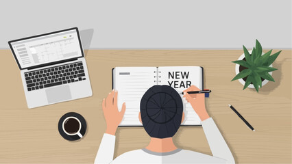 Top view of a person writing New Year resolutions during the winter Christmas season, a flat vector illustration of goal setting