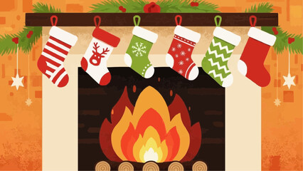 Cozy winter Christmas scene with stockings hanging by a warm fireplace, a festive holiday vector illustration