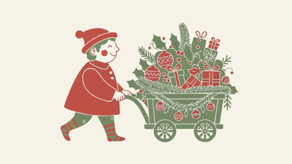 Vector illustration of a winter Christmas cart filled with gifts and festive decorations for holiday season