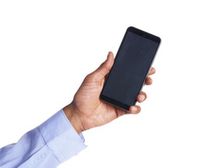 African-american man with smartphone on white background, closeup