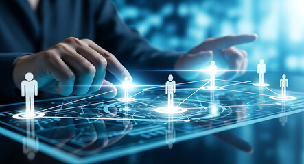 Business person interacting with a digital network of human figures on a futuristic interface connection