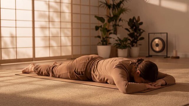Serene Woman Resting on Yoga Mat in Peaceful, Sunlit Meditation Room