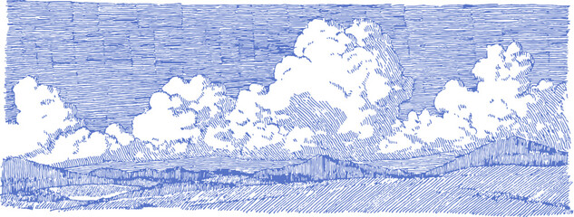 A blue sky with clouds and a mountain in the background. The sky is dotted with clouds and the mountain is in the distance. vector illustration