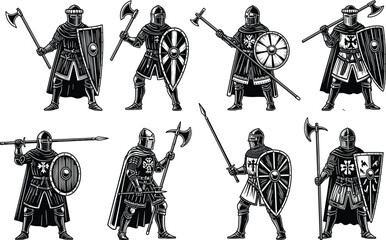 Medieval Knight Set Silhouette; Crusader Warriors with Shields, Axes, Spears; Historical Armor, Heraldry, Middle Ages, War, Battle, and Ancient Warrior Concept Vector.