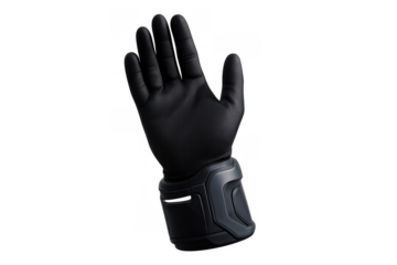 Black futuristic glove with a rigid wrist component, showing an open palm gesture. Transparent background, ideal for technology themes