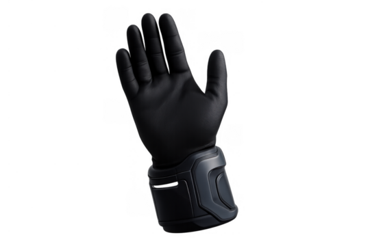 Black futuristic glove with a rigid wrist component, showing an open palm gesture. Transparent background, ideal for technology themes