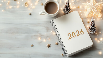 Festive Workspace with 2026 Numbers, Notebook, Coffee Cup, and Seasonal Decor
