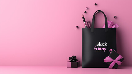 Makeup Items Emerging from Stylish Black Bag on Pink Surface
