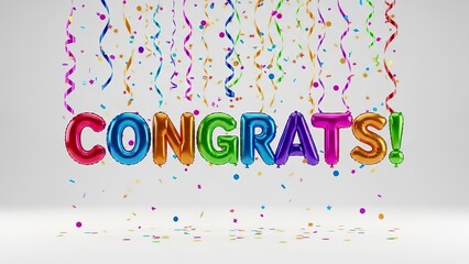 Colorful "Congrats!" Balloon Lettering with Confetti and Ribbons in a Festive Celebration on White Background.