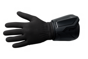 Hand wearing black glove with futuristic protective gauntlet, showing cyber armor and technology concept