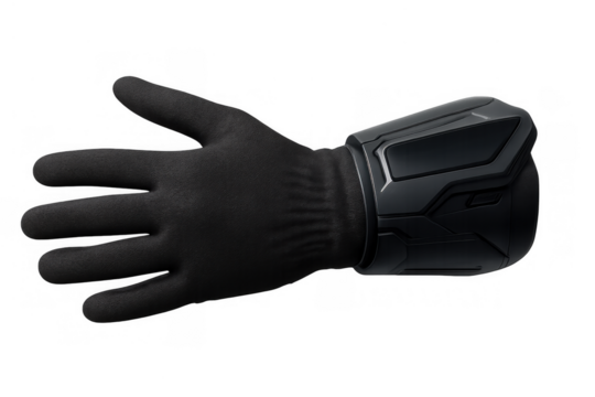 Hand wearing black glove with futuristic protective gauntlet, showing cyber armor and technology concept