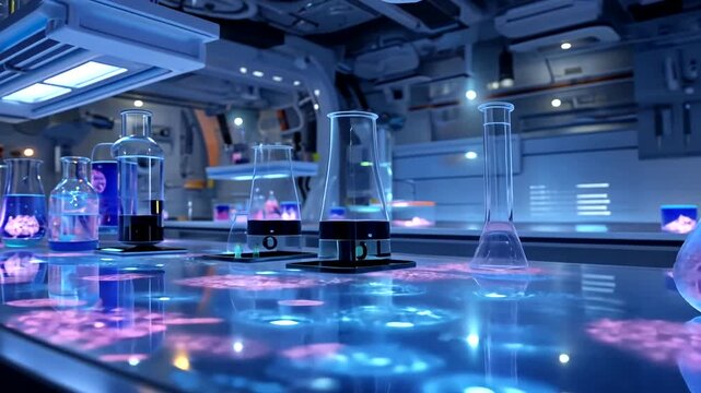 Futuristic Laboratory Environment with Glassware and Bioluminescent Liquid Samples Illuminated