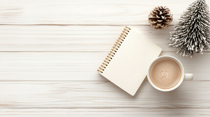 Holiday and New Year Planning Scene with Desk, Notebook, Coffee, and Decor