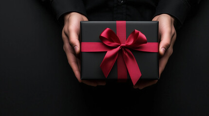 Man Presenting Elegant Black Gift Box for Celebration