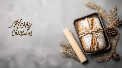 Bakery Loaf with Merry Christmas Text in Pan Surrounded by Flour and Rolling Pin