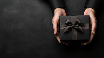 Man in Black Shirt Holding Black Gift Box with Red Ribbon