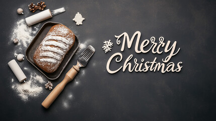 Bakery Loaf with Merry Christmas Text in Pan Surrounded by Flour and Rolling Pin