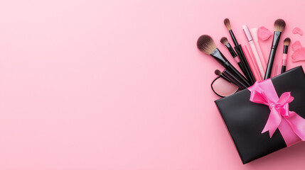 Beauty Gift Bag Filled with Makeup Essentials on Pink Background