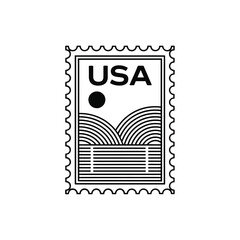 Minimalist usa postage stamp design with landscape and sun illustration