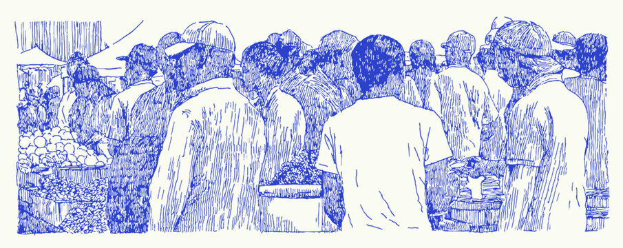 A group of people are standing in a blue and white background. There are at least 13 people in the group. vector illustration