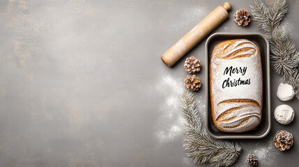 Bakery Loaf with Merry Christmas Text in Pan Surrounded by Flour and Rolling Pin