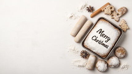 Merry Christmas Bread Loaf in Rustic Baking Setup with Flour