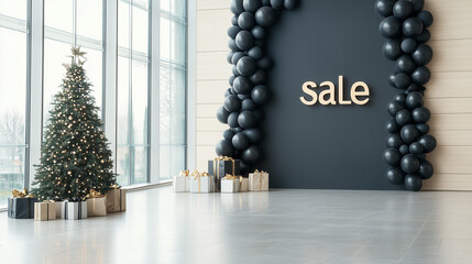 Black Friday Window Display with Black SALE Balloons and Festive Shopping Scene