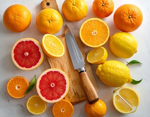 Bright, overhead shot of assorted citrus fruits, halves and whole, around a wood cutting board and kitchen knife