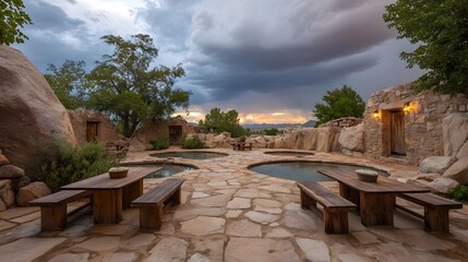 Rustic outdoor mineral pools at a desert wellness retreat under stormy clouds at golden hour