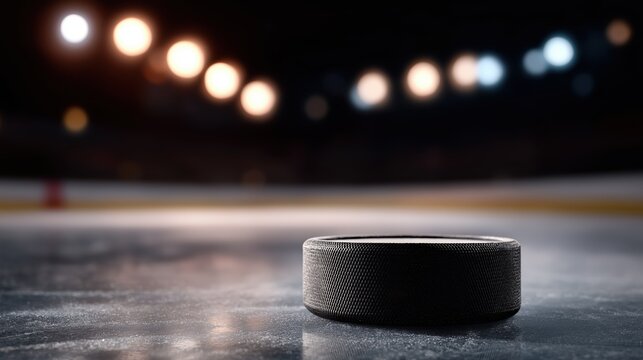 A hockey puck on ice rink with lights and blurred background