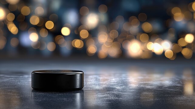 A hockey puck on ice rink with lights and blurred background - Powered by Adobe