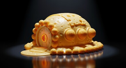 Abstract Bitcoin-themed alien dwelling with glowing entrance on dark background.