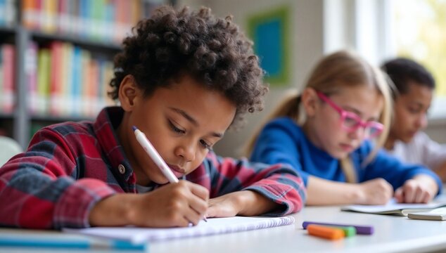 Focused students are diligently writing in their notebooks in a well-lit school environment. - Powered by Adobe