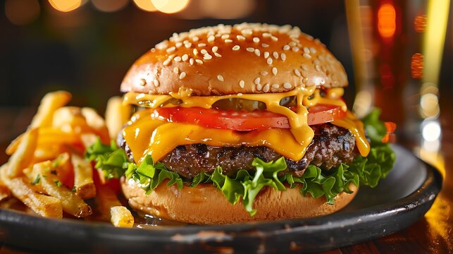 Close up of a cheeseburger with lettuce tomato and pickles next to french fries on a black plate