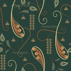 Traditional seamless Paisley pattern. Indian, arabic ornament. Dark green background. Abstract flowers .Vector