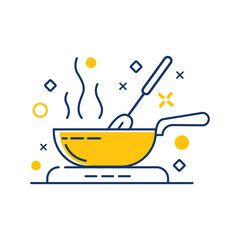 Minimal line art illustration of a cooking pan on stove with rising steam, kitchen utensil, and abstract decorative elements in modern flat style