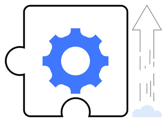 Blue gear in puzzle piece with upward arrow and cloud, representing progress, teamwork, growth. Ideal for innovation, problem-solving, collaboration, system integration, technology optimization