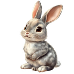 Obraz premium A small gray rabbit sits quietly with large eyes, showcasing its soft fur and gentle expression.
