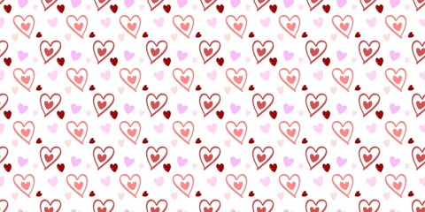Seamless hand-drawn doodle heart pattern. Various sizes and shades of red and pink hearts on white background. Cute background for Valentine's Day, wedding, love themes, or kids' design.