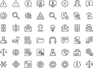 Comprehensive information, communication, and support service vector icon set featuring warning signs, messages, settings, search tools, teamwork, and customer assistance elements.