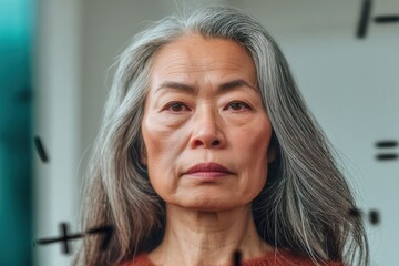 Senior woman concentrating, surrounded by educational mathematical symbols representing learning and thought
