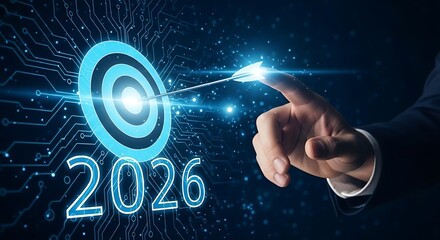 A businessmans finger points to a glowing blue target with the year 2026 superimposed, set against a futuristic digital circuit board background, representing future goals and planning