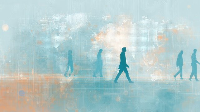 Global business people walking forward on a digital world map, illustrating worldwide connectivity and technology progress